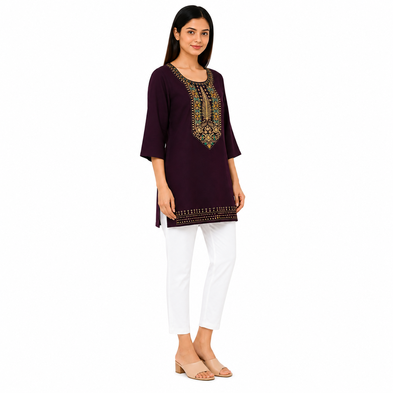 Women’s Wine Purple Embroidered Short Kurti with 3/4 Sleeves