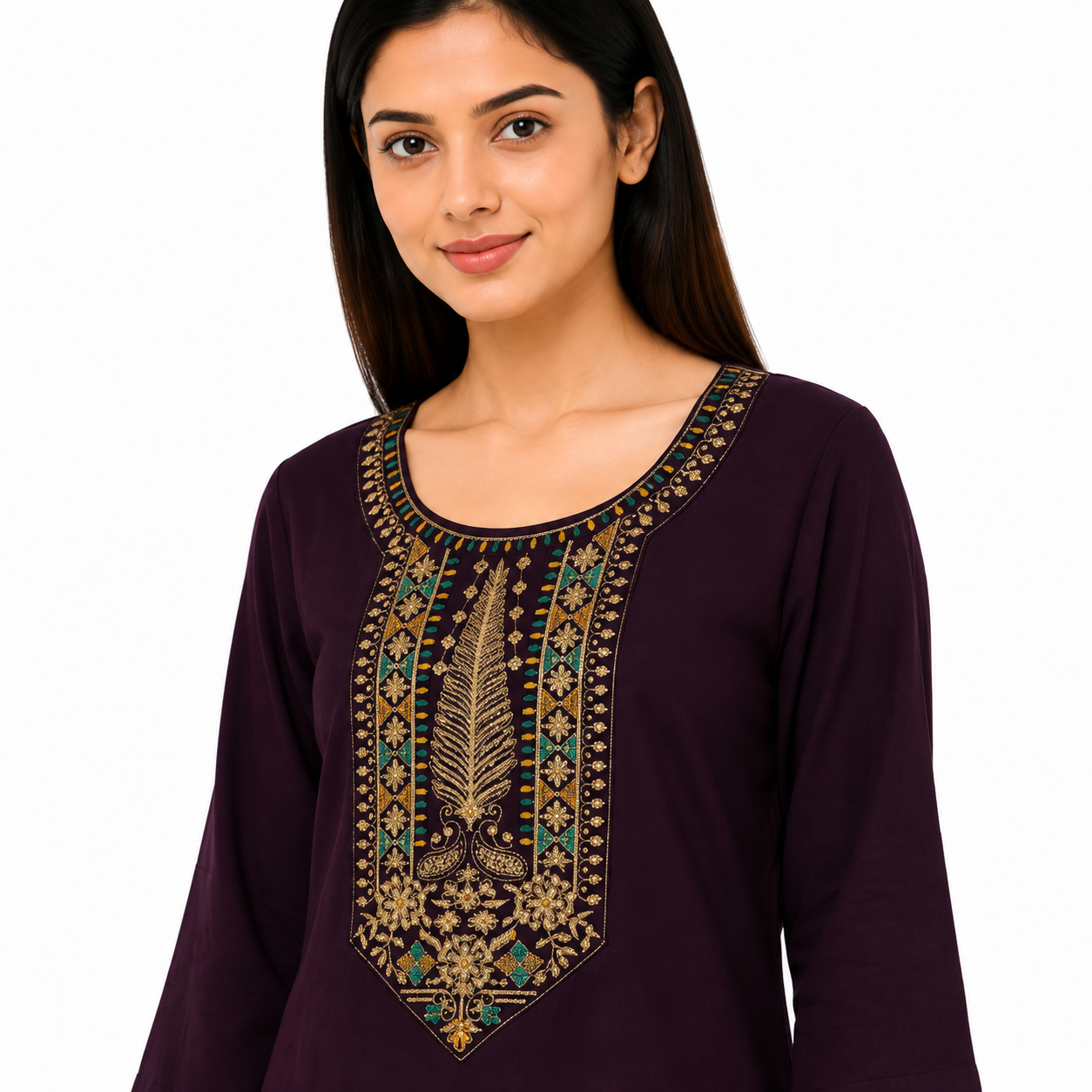 Women’s Wine Purple Embroidered Short Kurti with 3/4 Sleeves