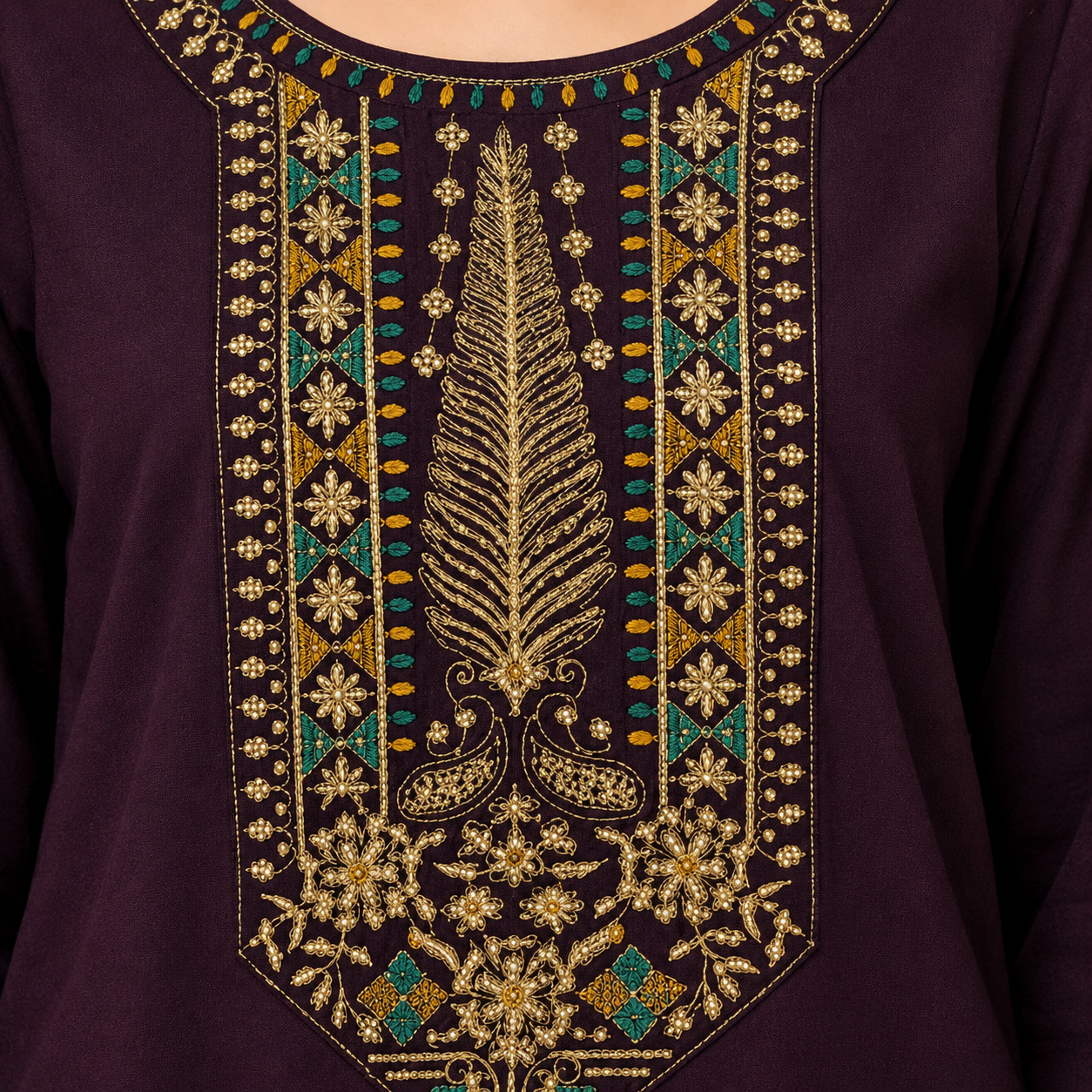 Women’s Wine Purple Embroidered Short Kurti with 3/4 Sleeves