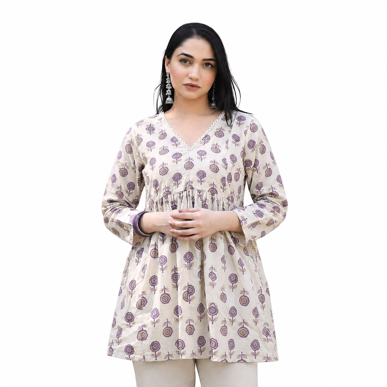 Cream Floral Printed Short Kurti for Women