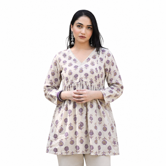 Cream Floral Printed Short Kurti for Women