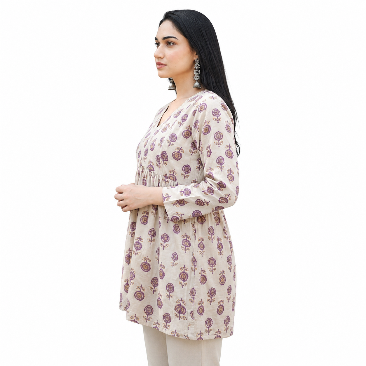 Cream Floral Printed Short Kurti for Women