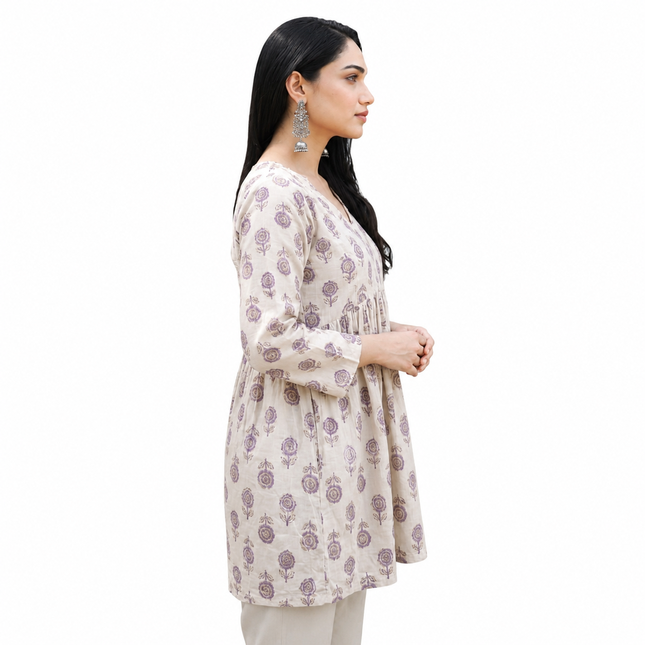 Cream Floral Printed Short Kurti for Women