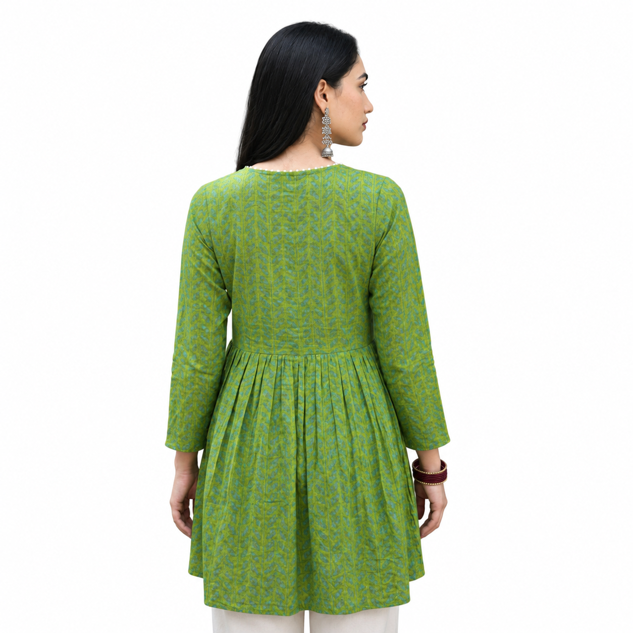 Green Printed Flared Short Kurti for Women