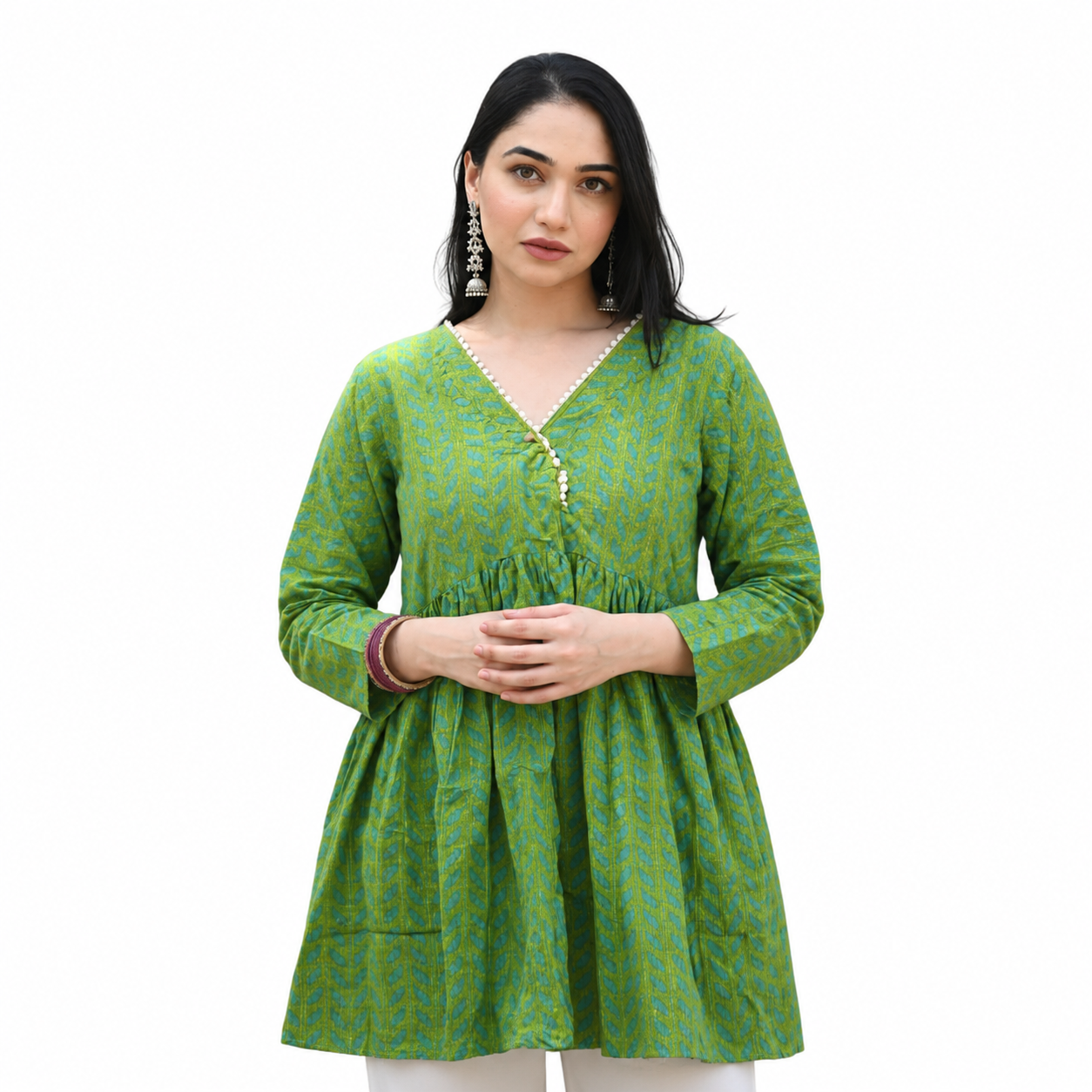 Green Printed Flared Short Kurti for Women