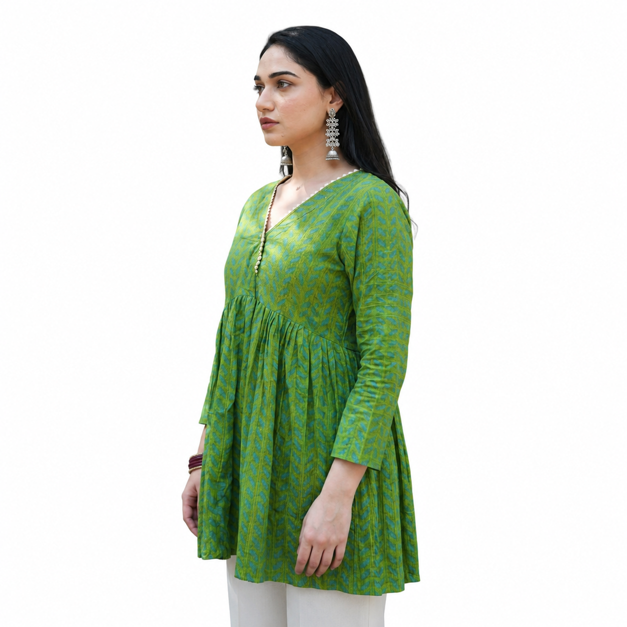 Green Printed Flared Short Kurti for Women