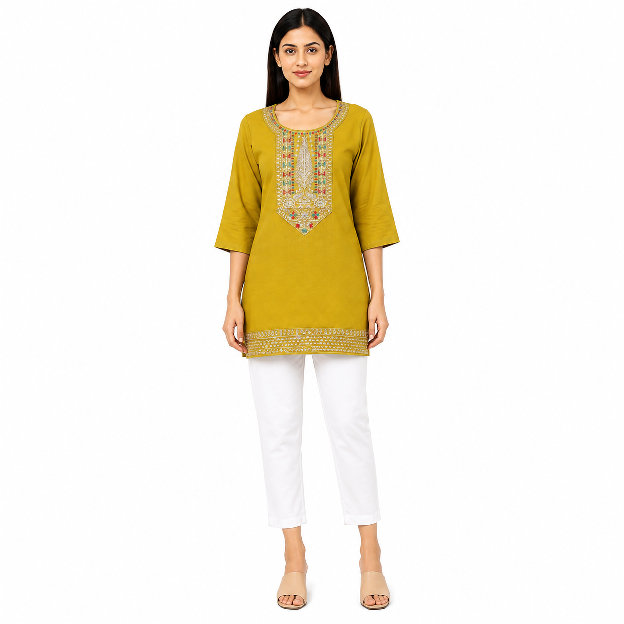 Women’s Mustard Yellow Embroidered Straight Kurti with 3/4 Sleeves