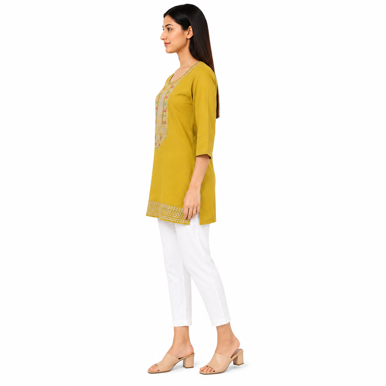 Women’s Mustard Yellow Embroidered Straight Kurti with 3/4 Sleeves