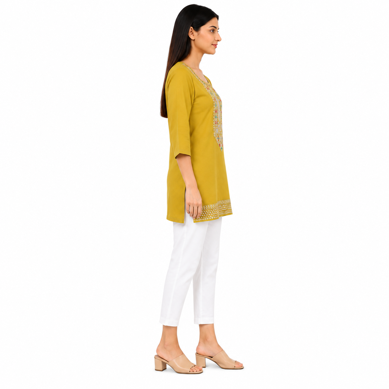 Women’s Mustard Yellow Embroidered Straight Kurti with 3/4 Sleeves