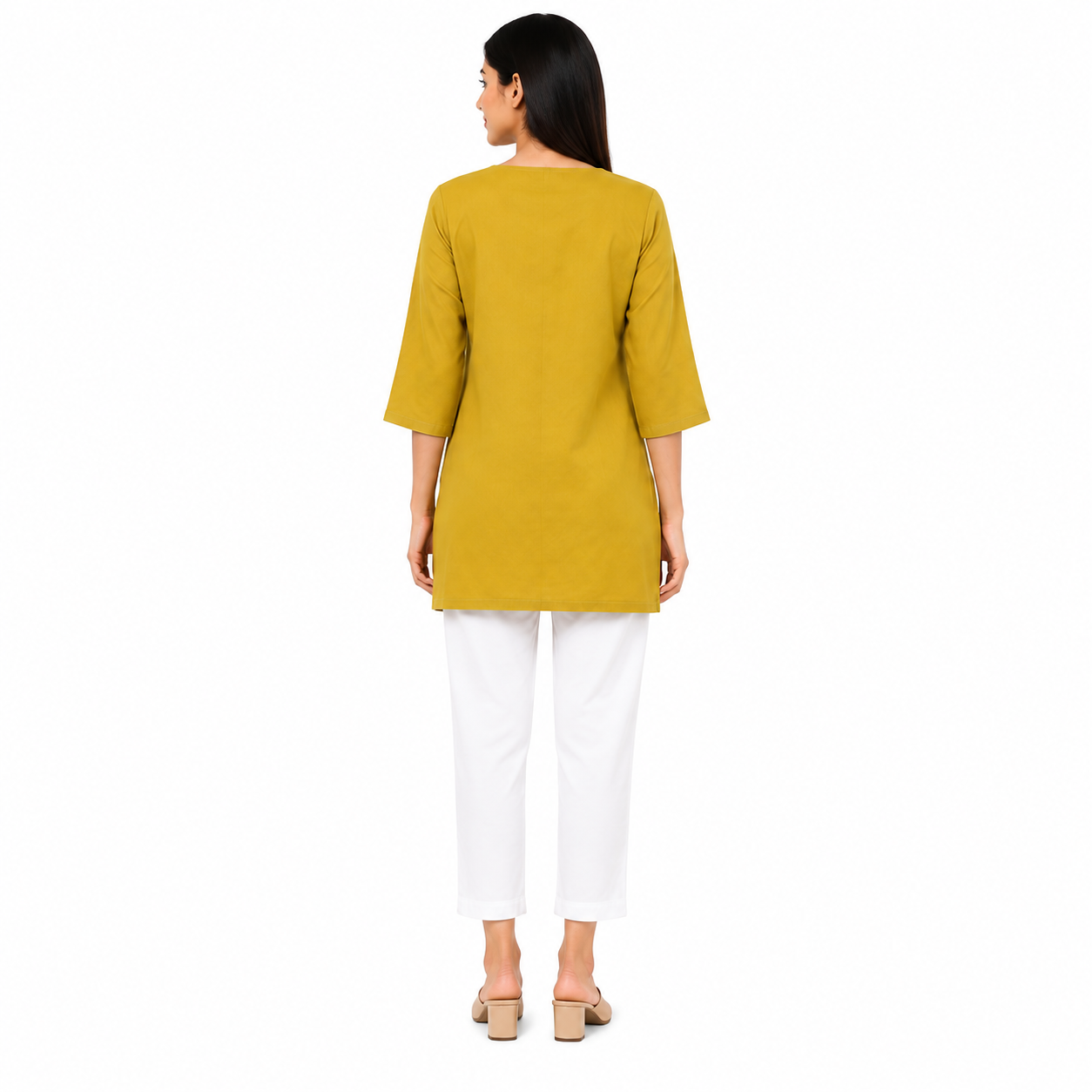 Women’s Mustard Yellow Embroidered Straight Kurti with 3/4 Sleeves