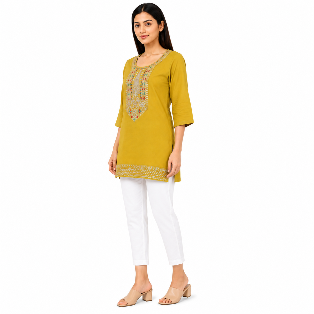 Women’s Mustard Yellow Embroidered Straight Kurti with 3/4 Sleeves