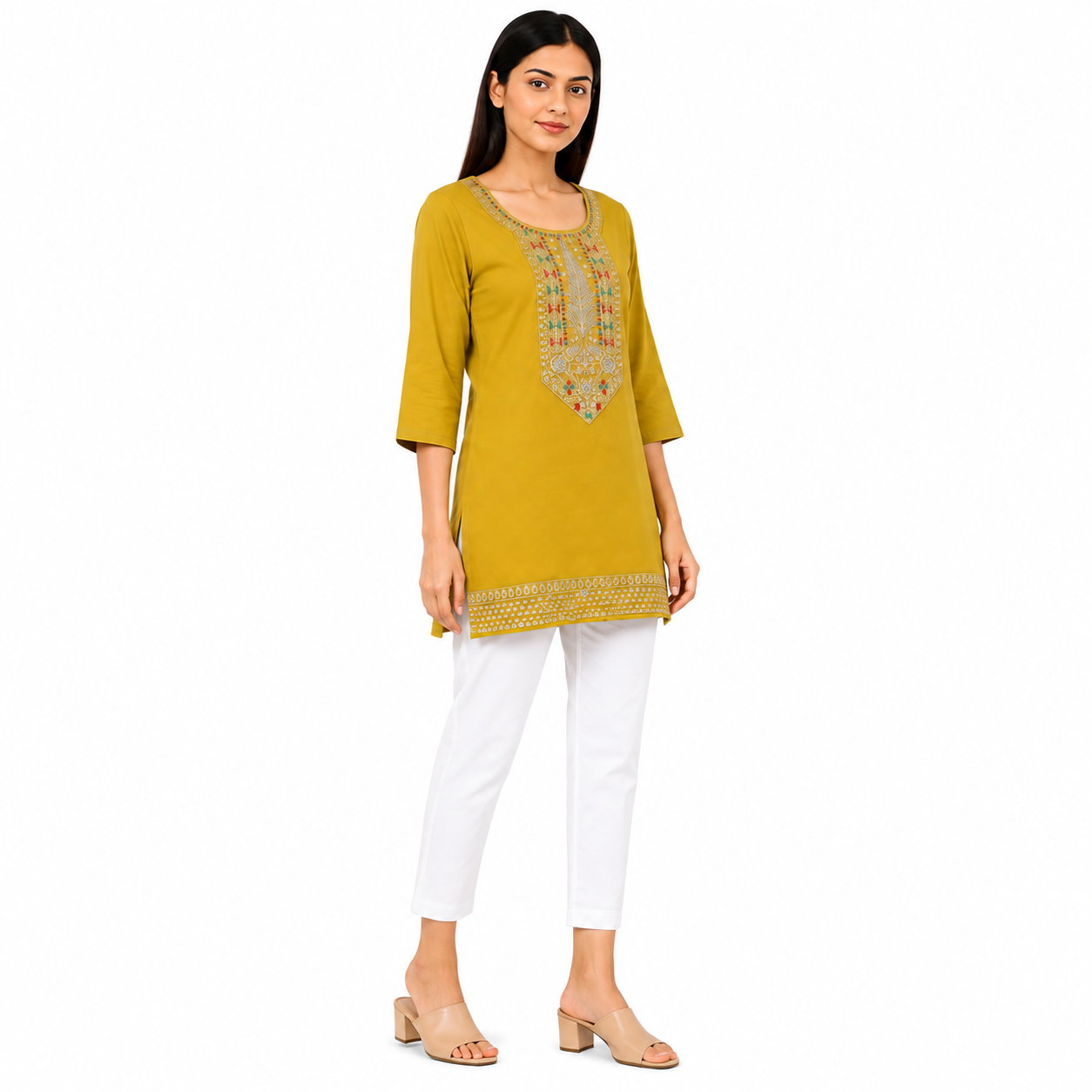 Women’s Mustard Yellow Embroidered Straight Kurti with 3/4 Sleeves