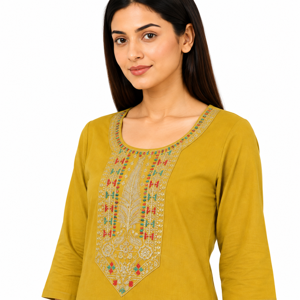 Women’s Mustard Yellow Embroidered Straight Kurti with 3/4 Sleeves