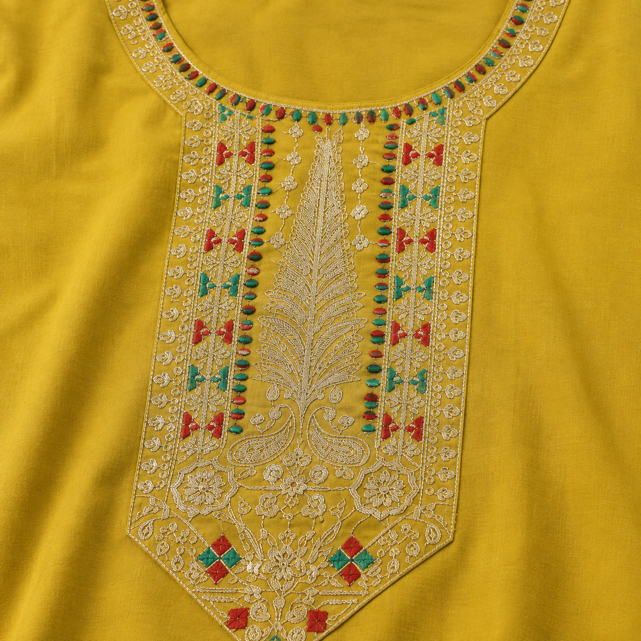 Women’s Mustard Yellow Embroidered Straight Kurti with 3/4 Sleeves