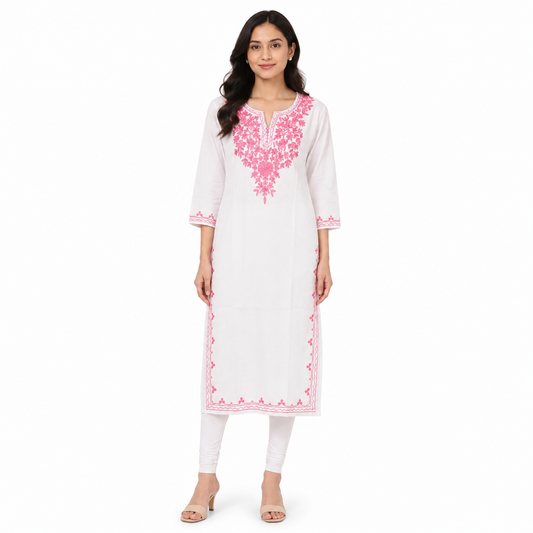 Women’s White Embroidered Straight Kurti with Pink Floral Embroidery