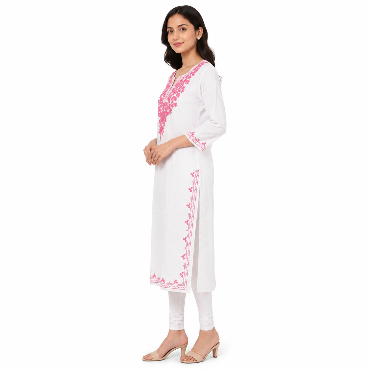 Women’s White Embroidered Straight Kurti with Pink Floral Embroidery