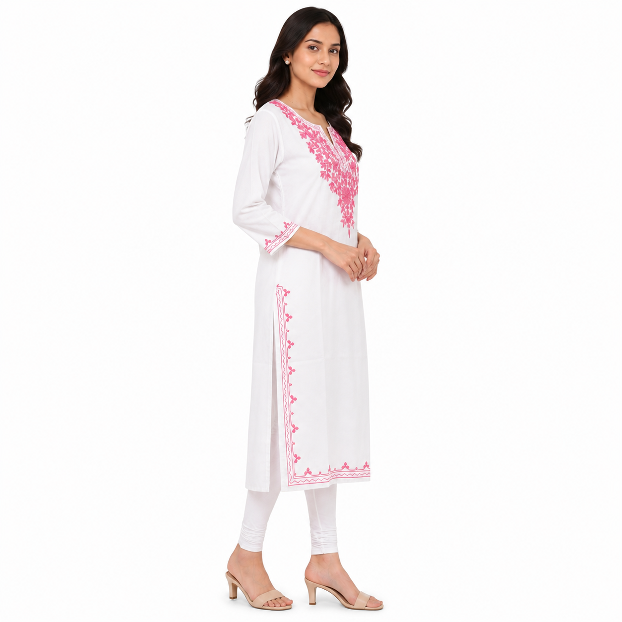 Women’s White Embroidered Straight Kurti with Pink Floral Embroidery
