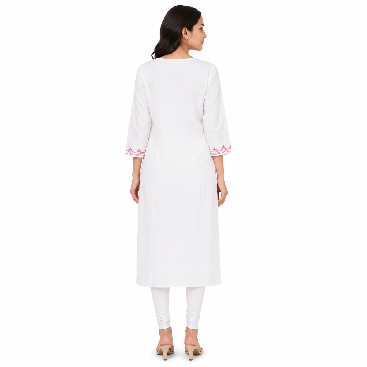Women’s White Embroidered Straight Kurti with Pink Floral Embroidery