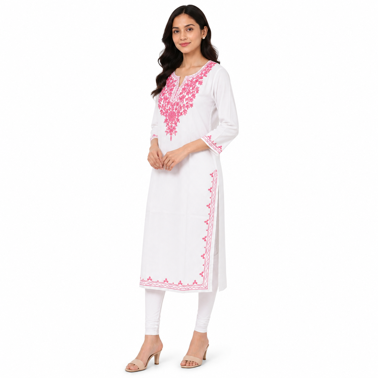 Women’s White Embroidered Straight Kurti with Pink Floral Embroidery