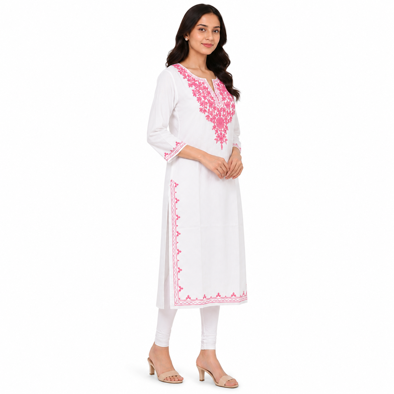 Women’s White Embroidered Straight Kurti with Pink Floral Embroidery