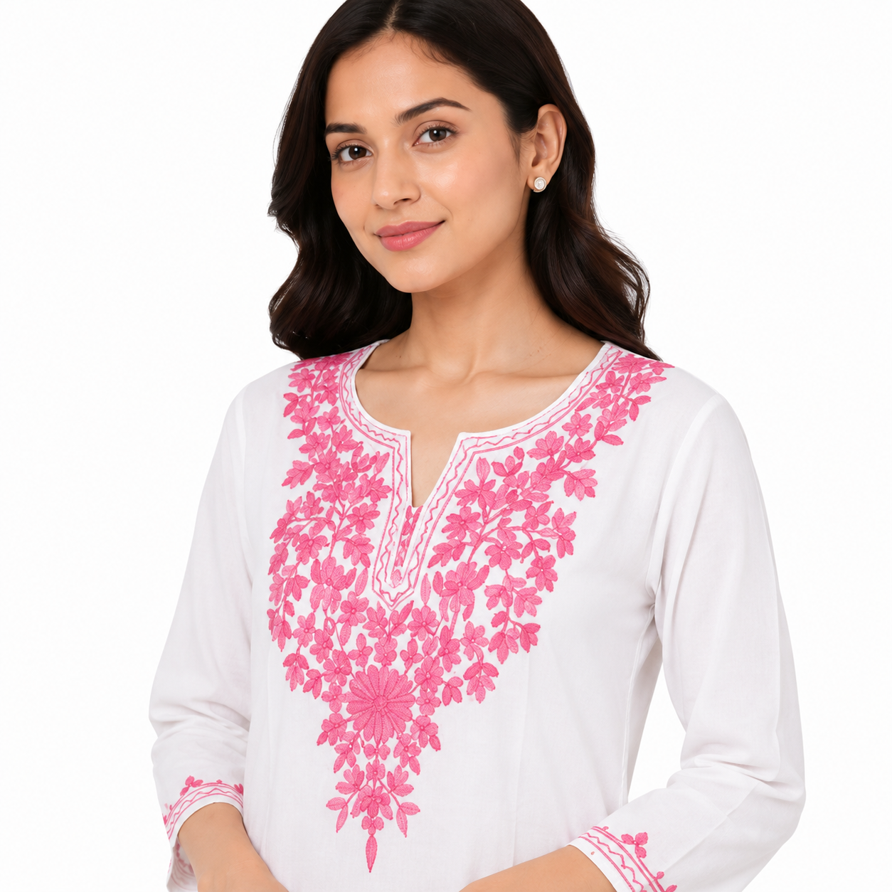 Women’s White Embroidered Straight Kurti with Pink Floral Embroidery