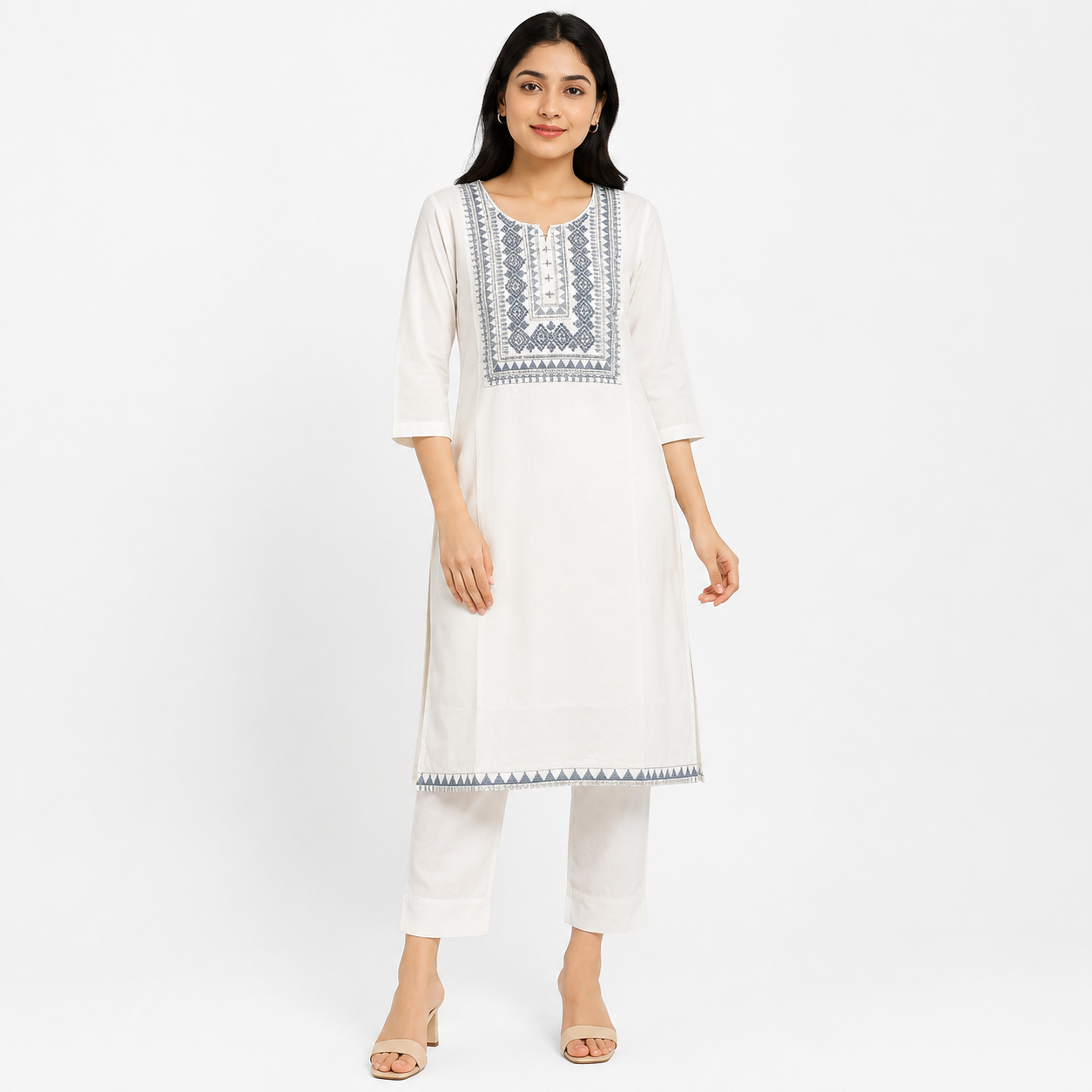 Women’s White Straight Kurti with Blue Embroidered Front Panel