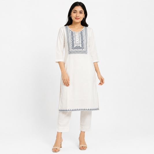 Women’s White Straight Kurti with Blue Embroidered Front Panel