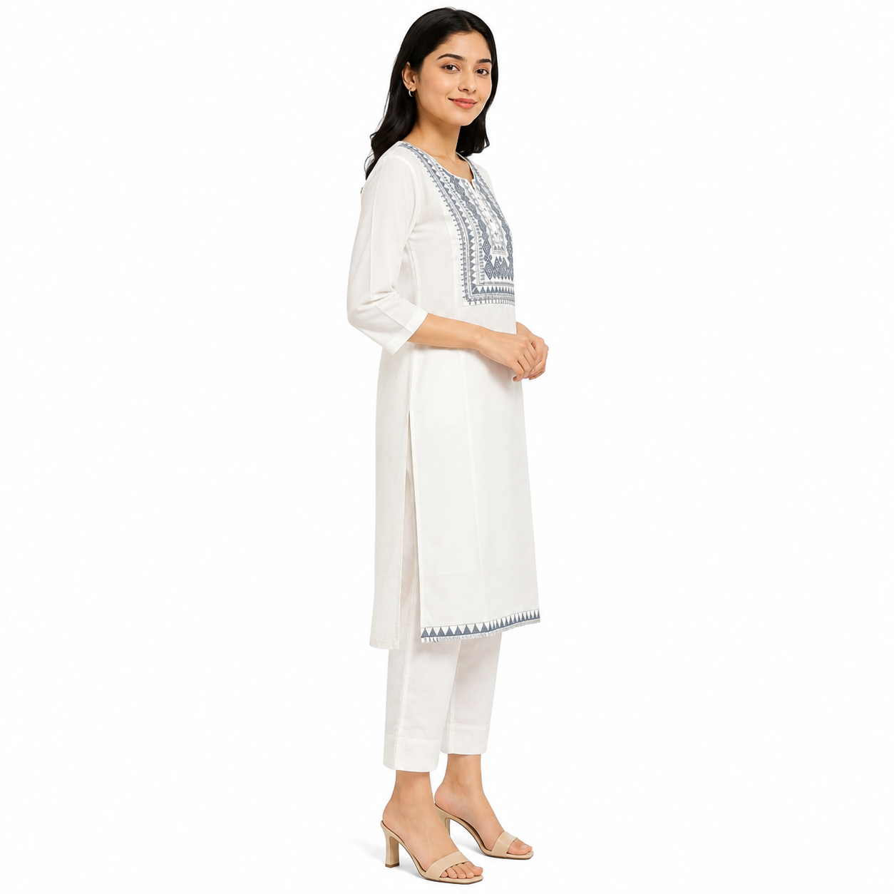 Women’s White Straight Kurti with Blue Embroidered Front Panel