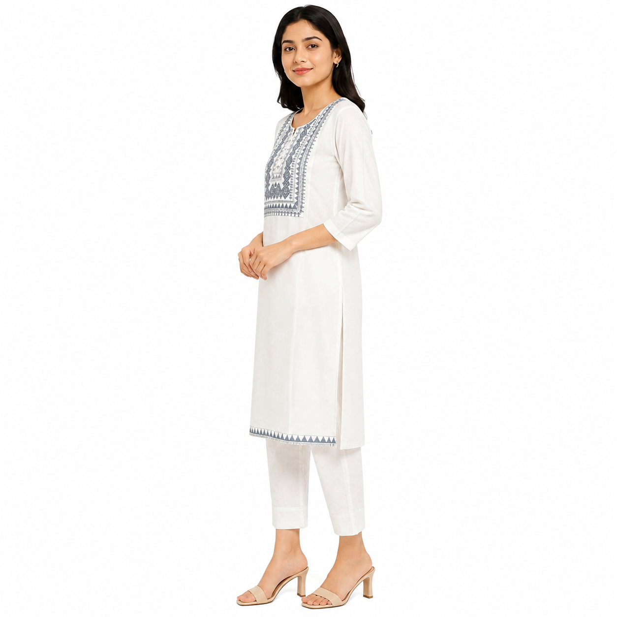 Women’s White Straight Kurti with Blue Embroidered Front Panel