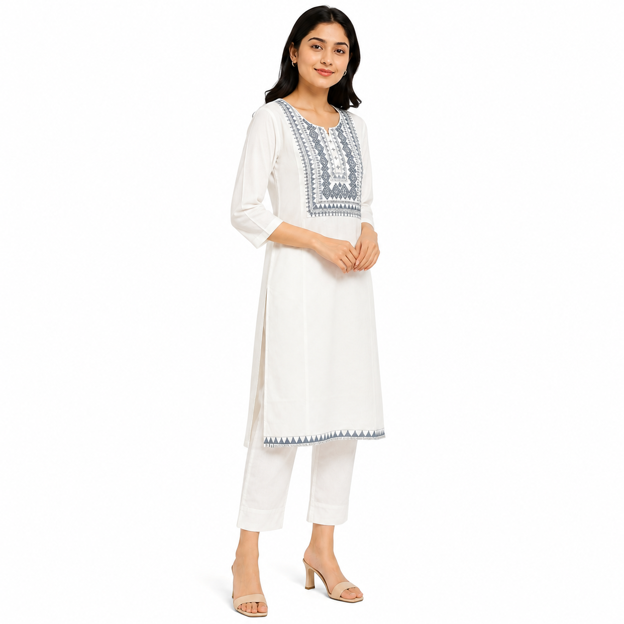 Women’s White Straight Kurti with Blue Embroidered Front Panel
