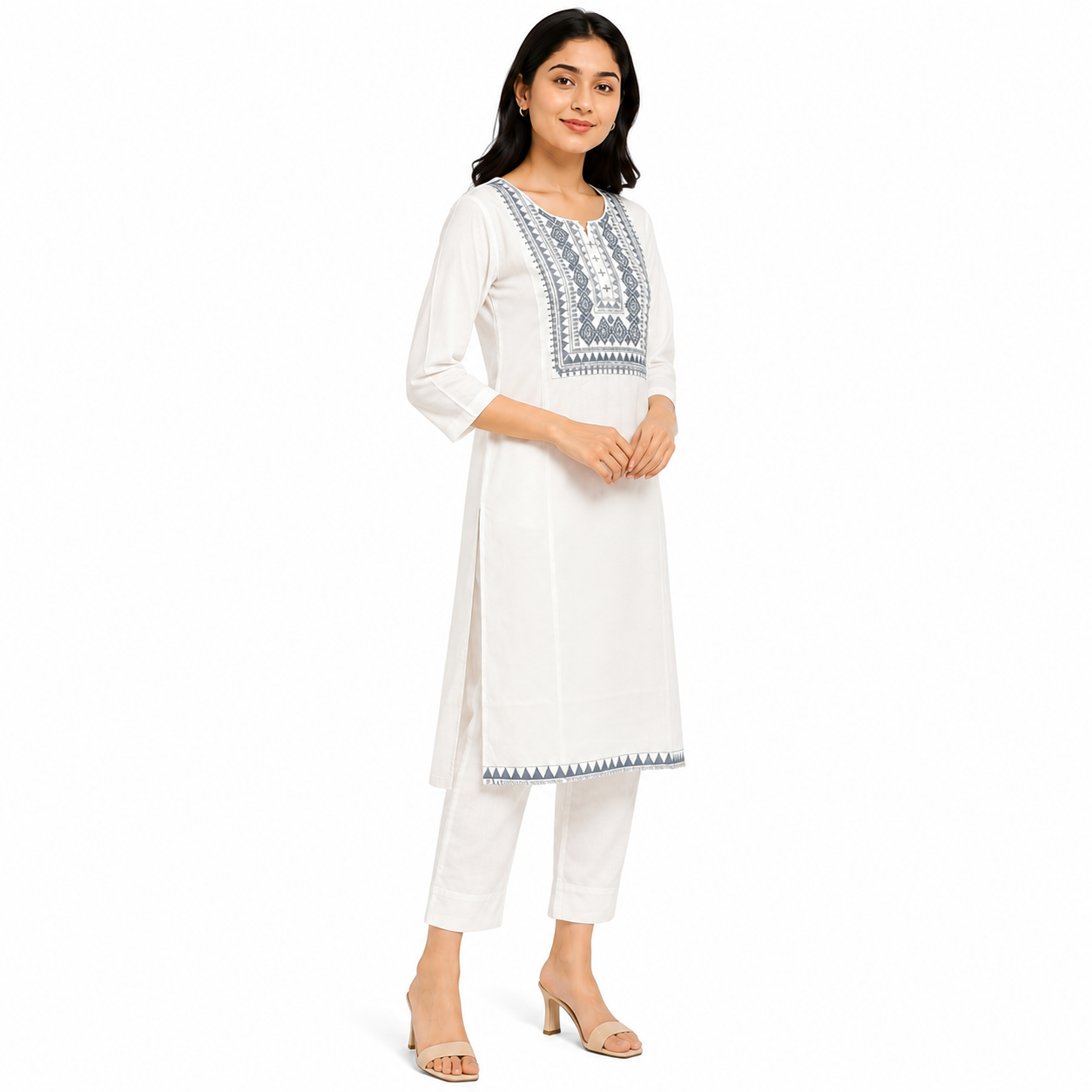 Women’s White Straight Kurti with Blue Embroidered Front Panel