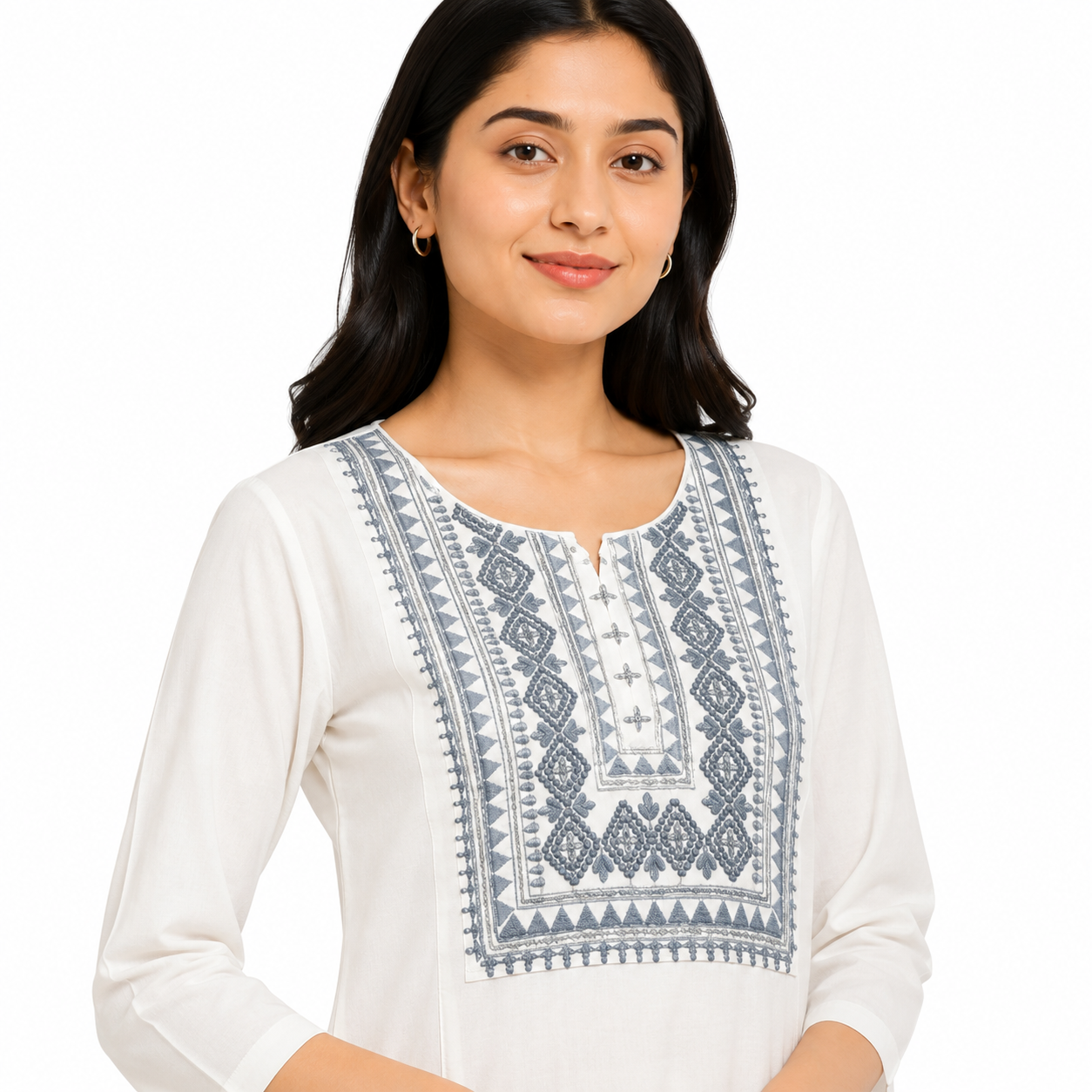 Women’s White Straight Kurti with Blue Embroidered Front Panel