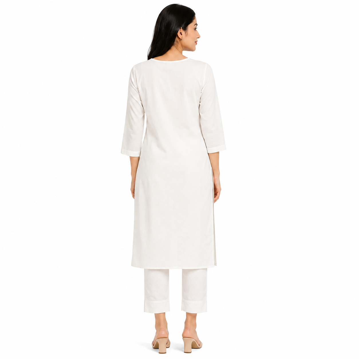 Women’s White Straight Kurti with Blue Embroidered Front Panel