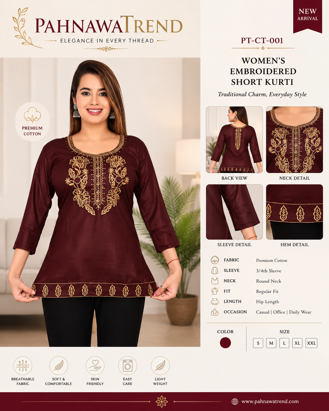 Women's Premium Cotton Embroidered Short Kurti – Maroon