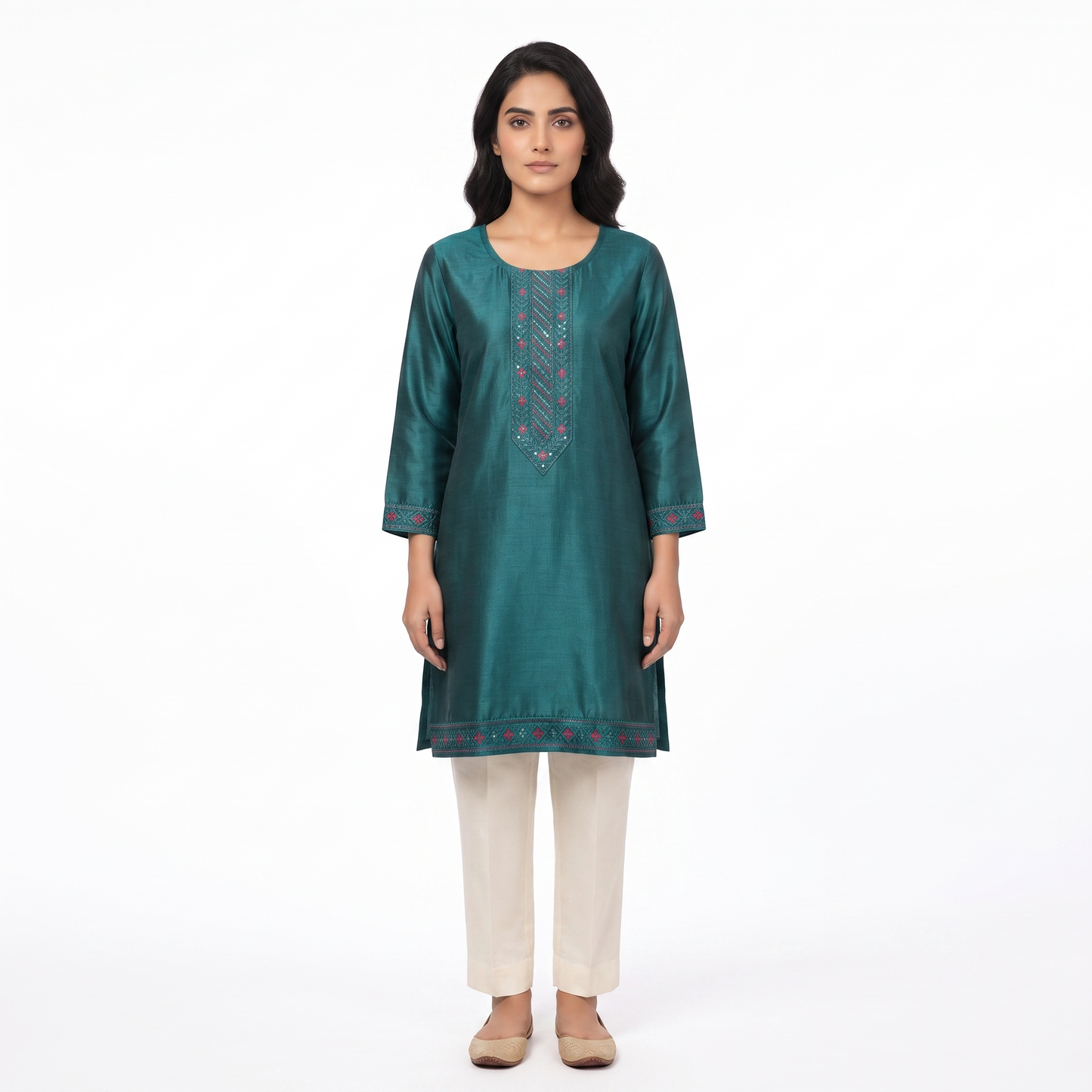 Women's Teal Green Embroidered Straight Kurti | Premium Cotton Blend | Ethnic Wear
