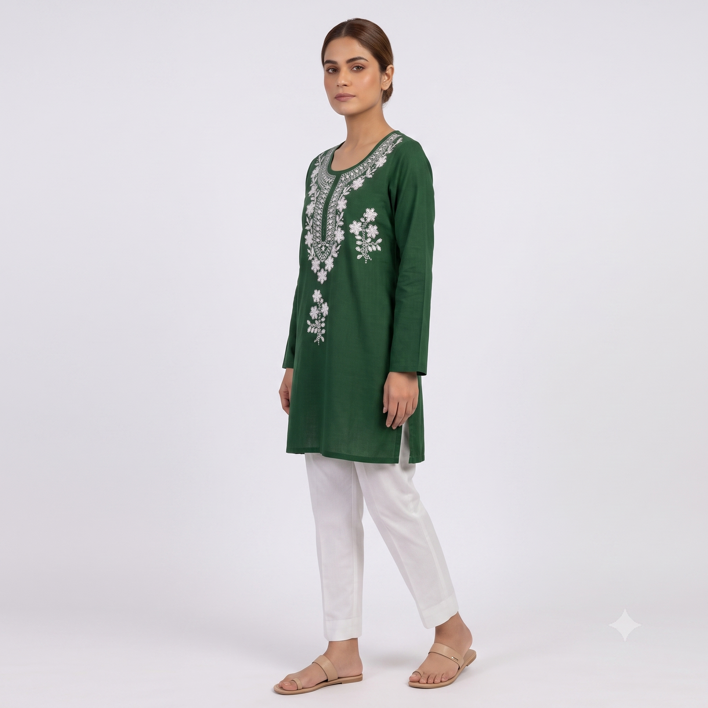 Women's Bottle Green Embroidered Straight Kurti | White Thread Work | Premium Cotton Blend | Ethnic Wear