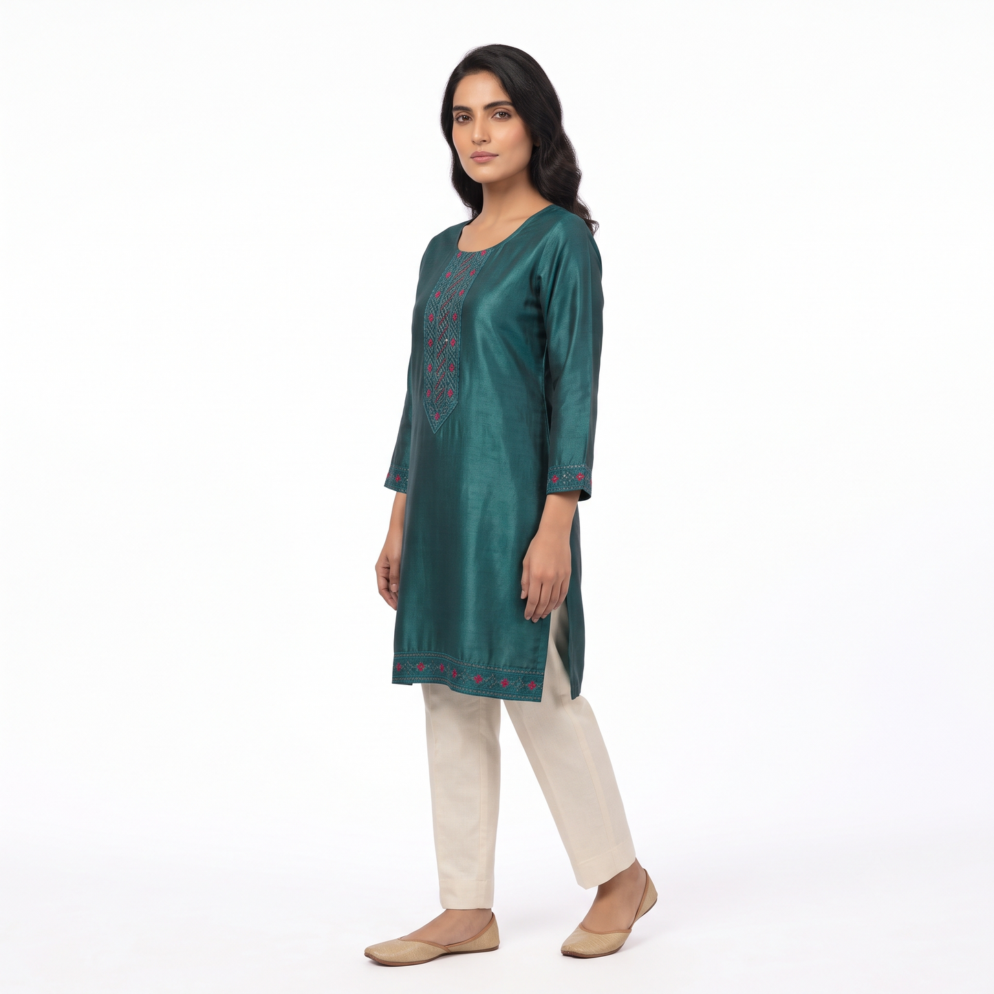 Women's Teal Green Embroidered Straight Kurti | Premium Cotton Blend | Ethnic Wear