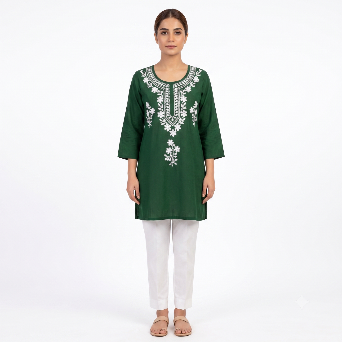 Women's Bottle Green Embroidered Straight Kurti | White Thread Work | Premium Cotton Blend | Ethnic Wear