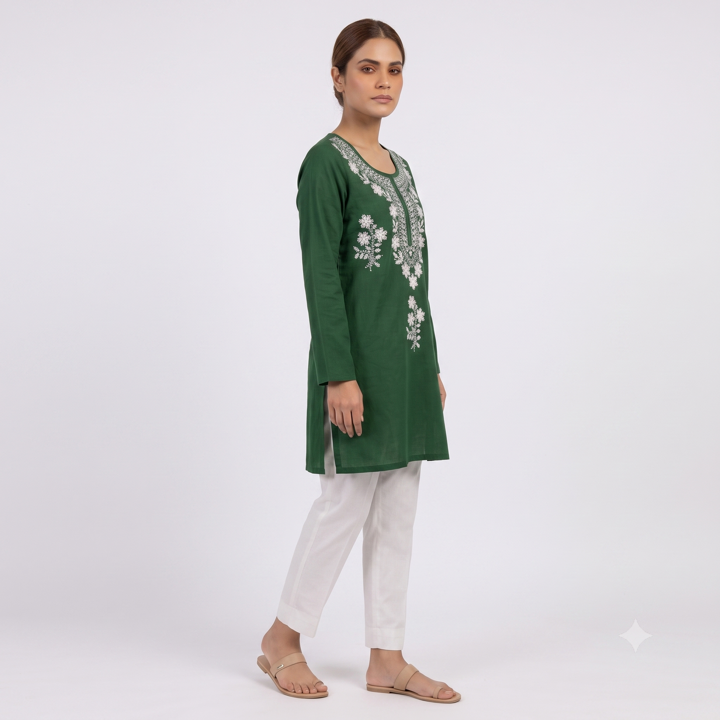 Women's Bottle Green Embroidered Straight Kurti | White Thread Work | Premium Cotton Blend | Ethnic Wear