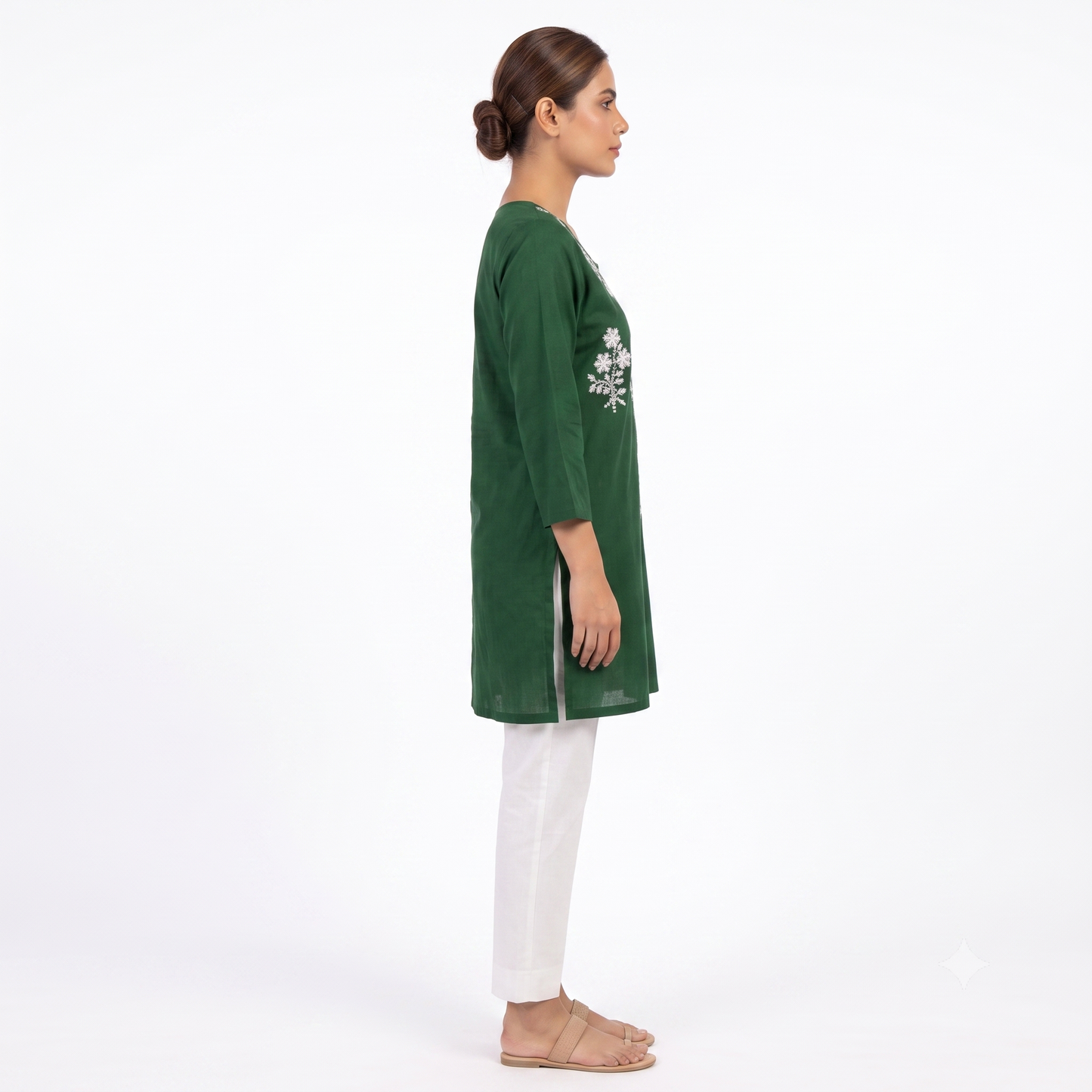Women's Bottle Green Embroidered Straight Kurti | White Thread Work | Premium Cotton Blend | Ethnic Wear