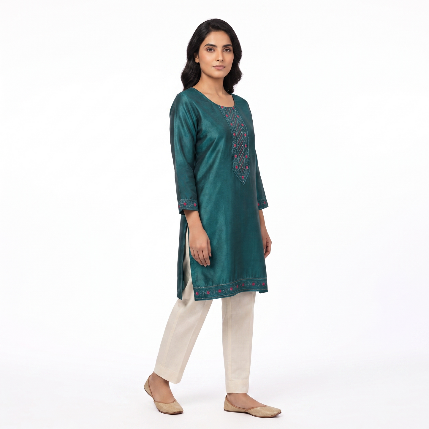Women's Teal Green Embroidered Straight Kurti | Premium Cotton Blend | Ethnic Wear