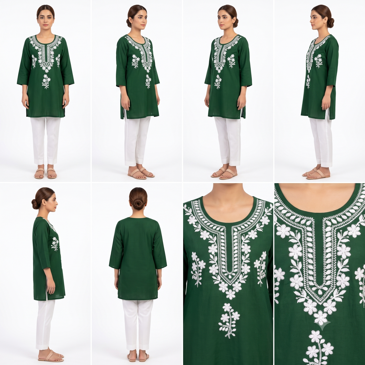 Women's Bottle Green Embroidered Straight Kurti | White Thread Work | Premium Cotton Blend | Ethnic Wear