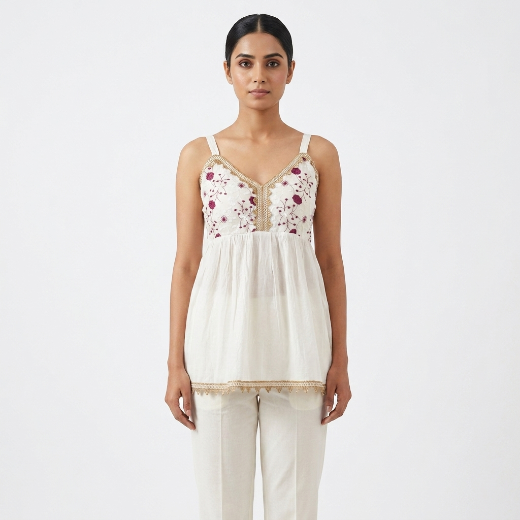 Off-White Floral Embroidered Sleeveless Short Kurti with Lace Trim