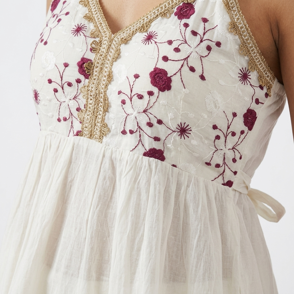 Off-White Floral Embroidered Sleeveless Short Kurti with Lace Trim