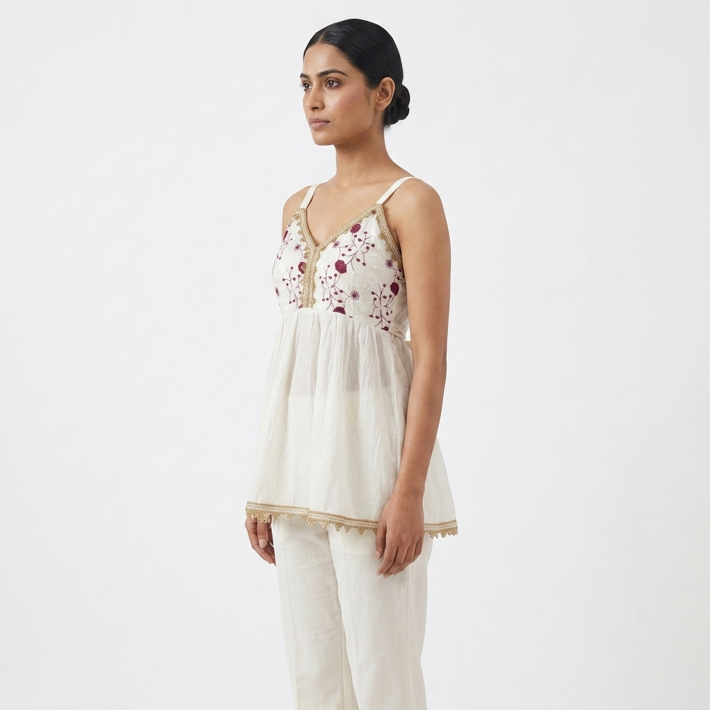 Off-White Floral Embroidered Sleeveless Short Kurti with Lace Trim