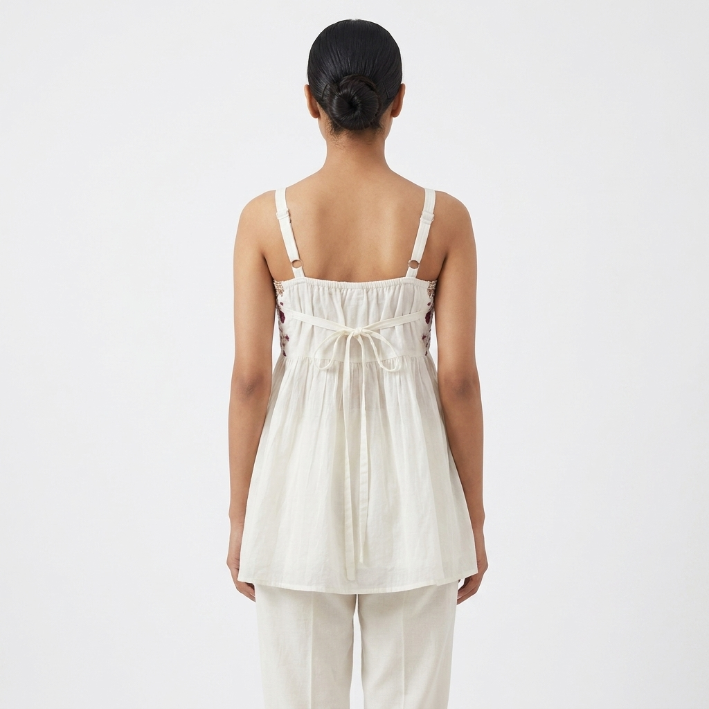 Off-White Floral Embroidered Sleeveless Short Kurti with Lace Trim