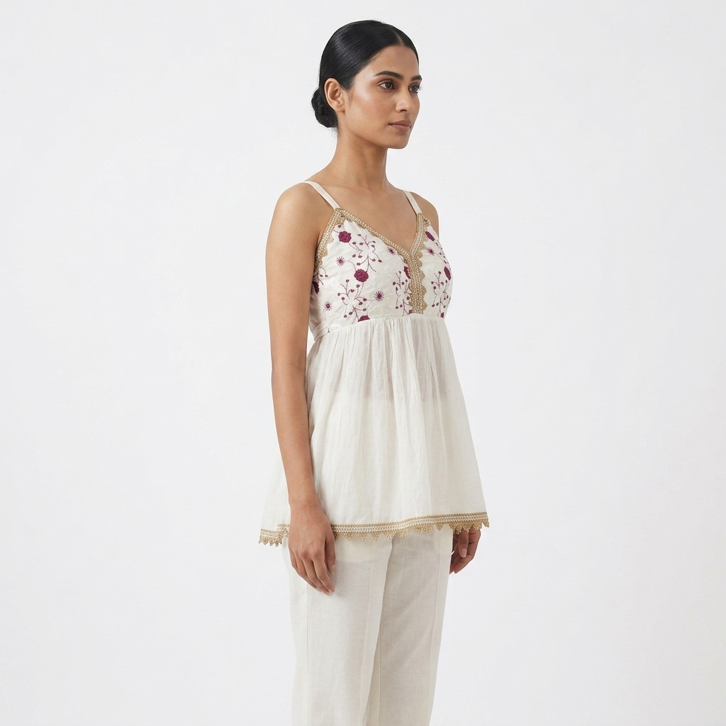 Off-White Floral Embroidered Sleeveless Short Kurti with Lace Trim