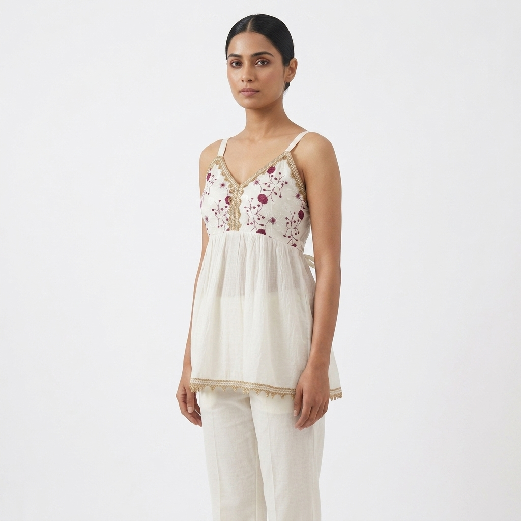 Off-White Floral Embroidered Sleeveless Short Kurti with Lace Trim