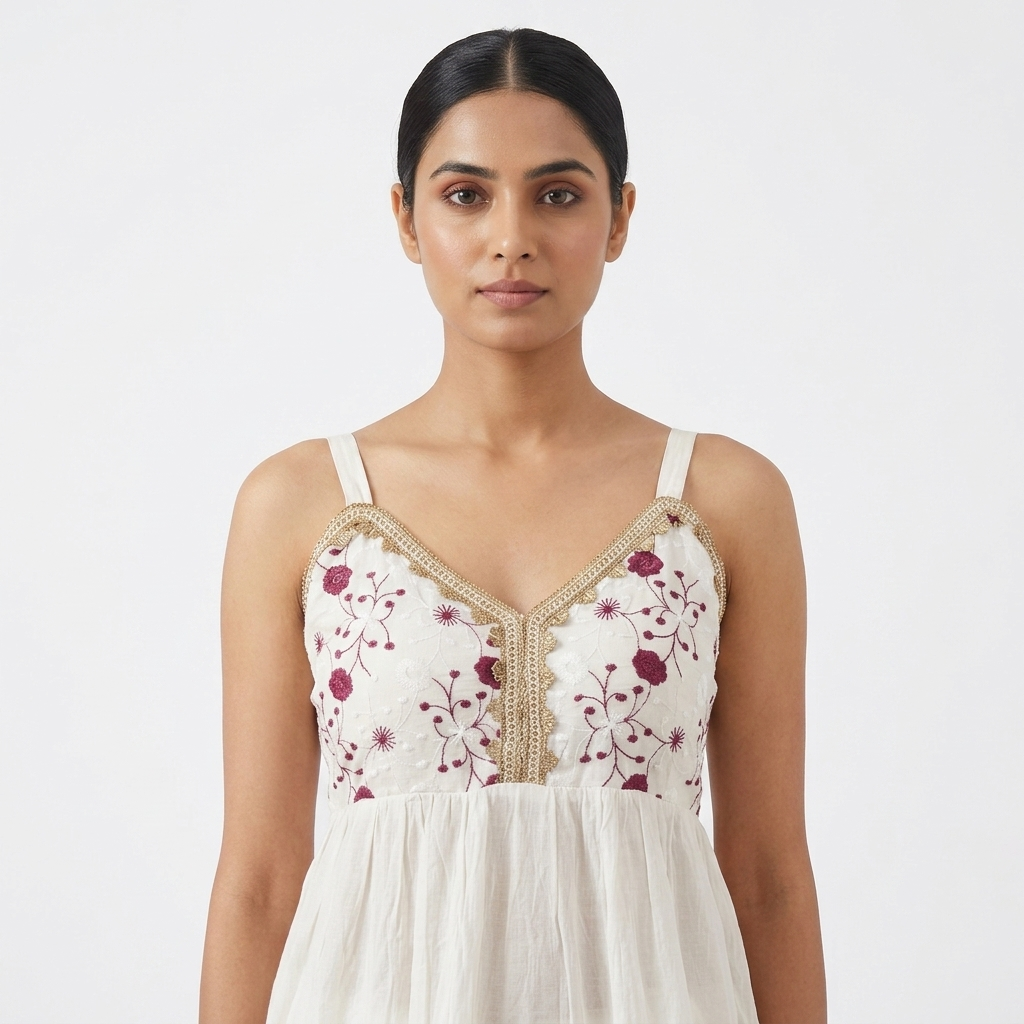 Off-White Floral Embroidered Sleeveless Short Kurti with Lace Trim
