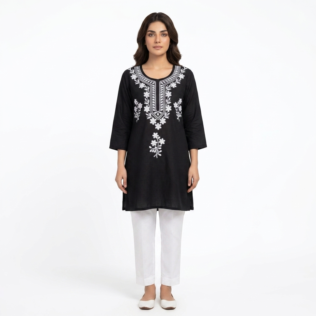 Women's Black Cotton Embroidered Straight Kurti | White Floral Embroidery